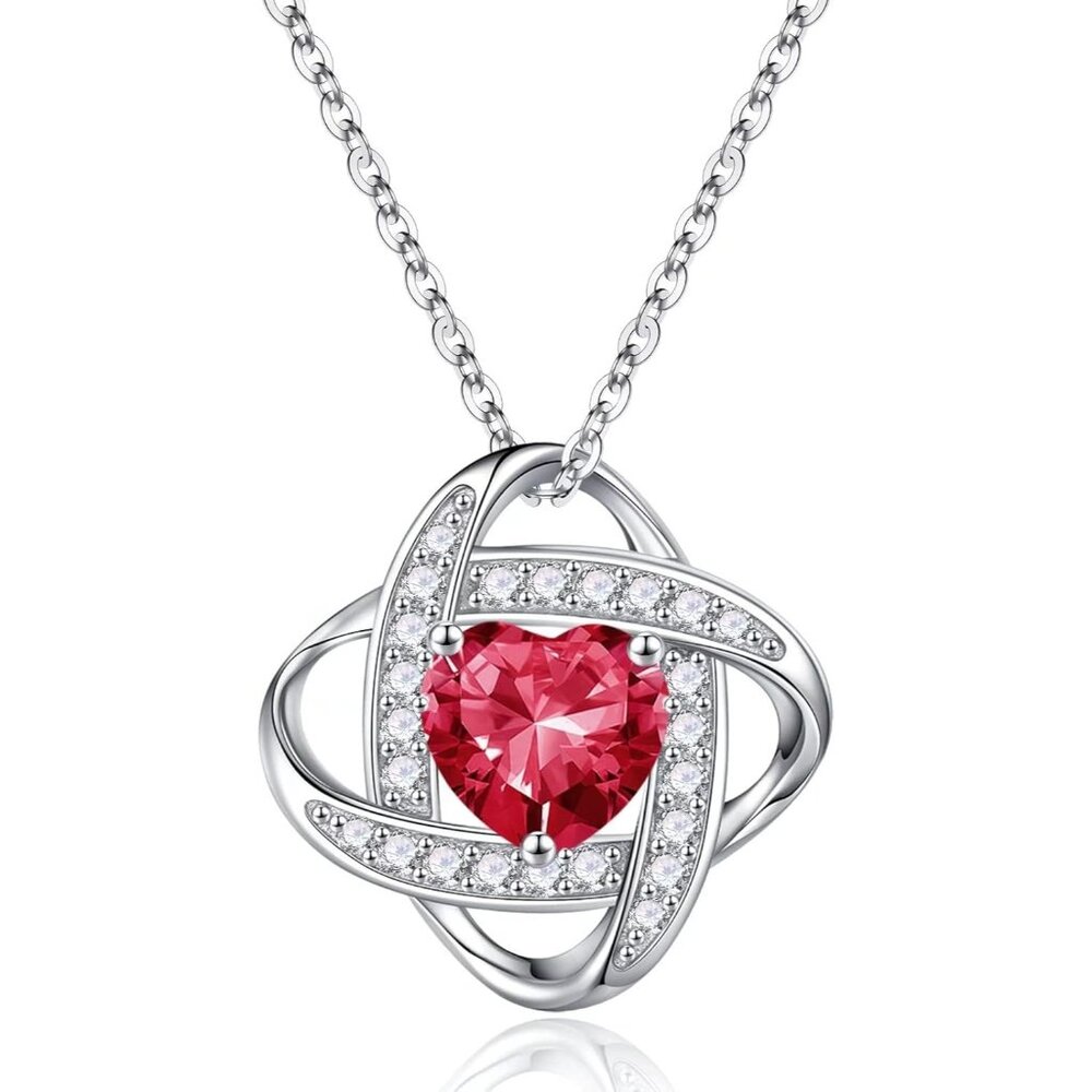 Women's Gemstone Sterling Natural Silver Red Love Knot Birthstone Necklace